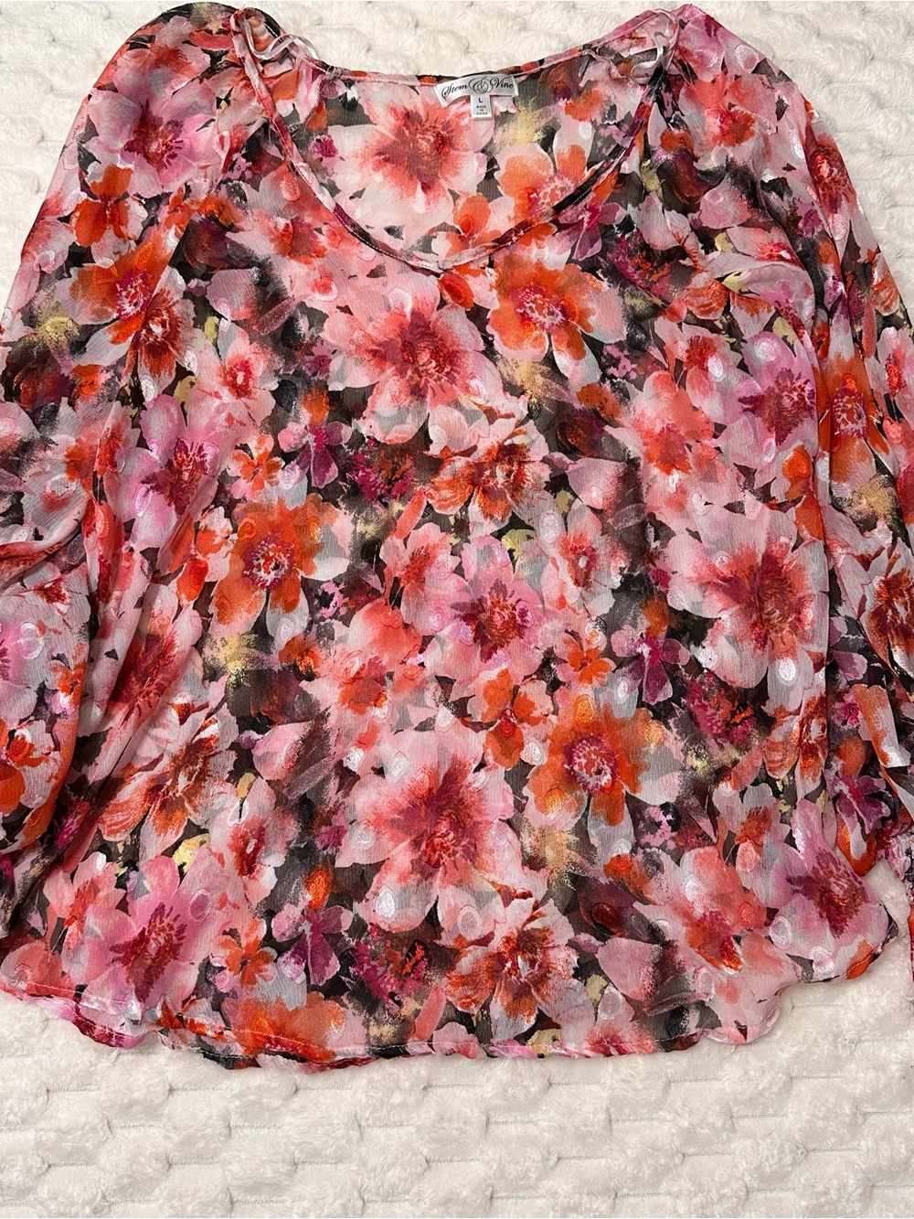 Stim and Vine Pink & Orange Floral Sheer Women's Blouse size Large